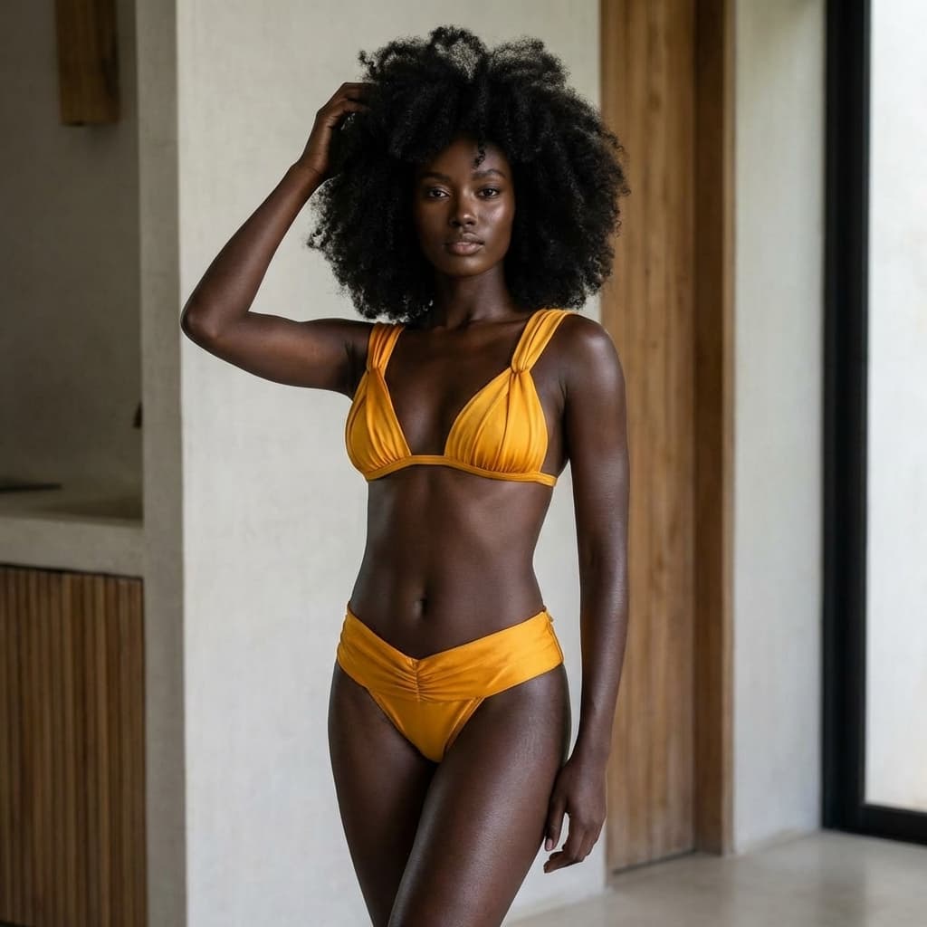 Biquíni Acetinado Amarelo Mostarda - Conjunto Top Drapeado e Calcinha Confort Premium Verão 2026