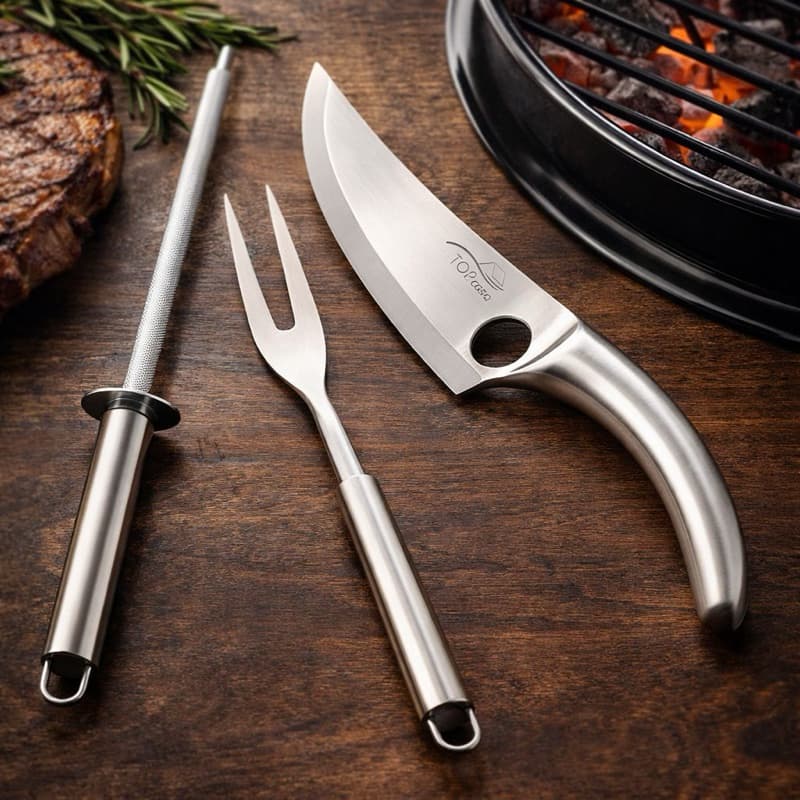 Kit Churrasco Faca Olho de Tigre Aço Inox Chaira + Garfo 3 Peças