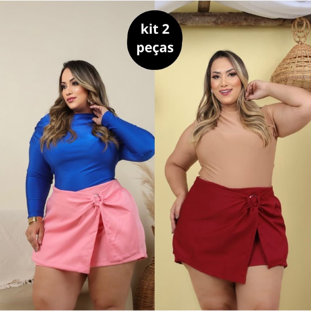 KIT 2 Short Saia Plus Size Alfaitaria Cintura Alta Moda Casual Elegante Tendência Elegância