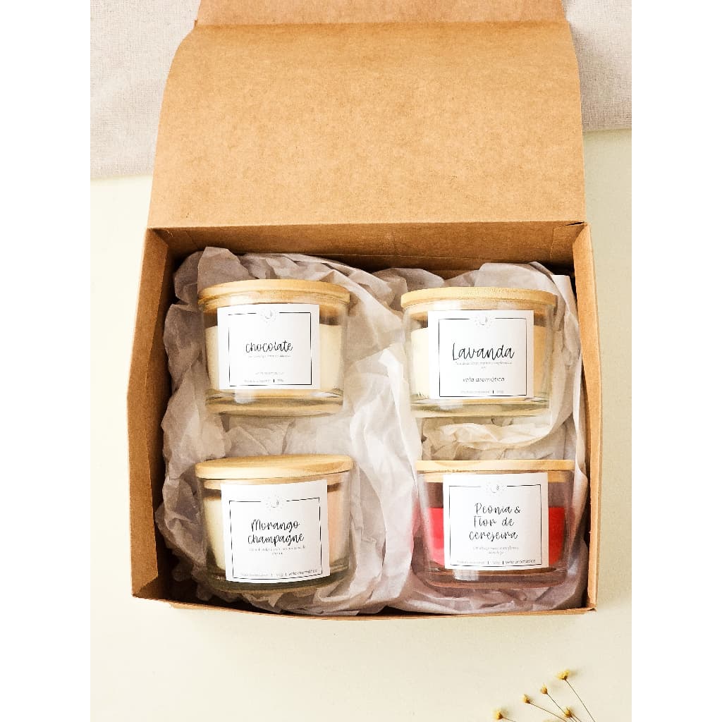 ​Kit Presente Premium 4 Velas Aromáticas 120g Edição Surpresa Pote Vidro Tampa Madeira Caixa kraft - Intensy Aromas