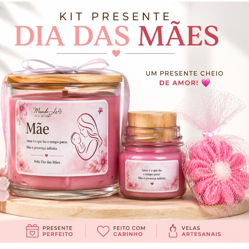 Kit Dia das Mães Presente Vela Aromática 200g + Vela 40g + Vela Margarida 20g| Amor de Mãe