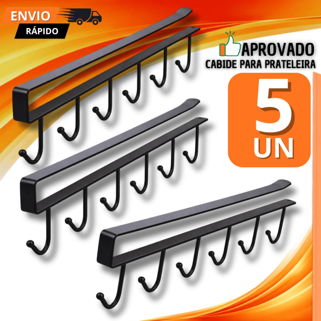 Kit 05 Uni Cabide de Prateleira C/ 6 Ganchos – Aproveite Cada Espaço! Prático p/ Cozinha Armário