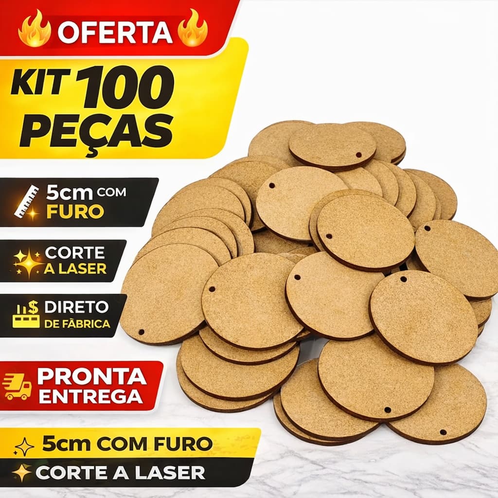 Kit Com 100 Bolachas 5 Cm Com 1 Furo Mdf Crú 3mm Círculo Aplique