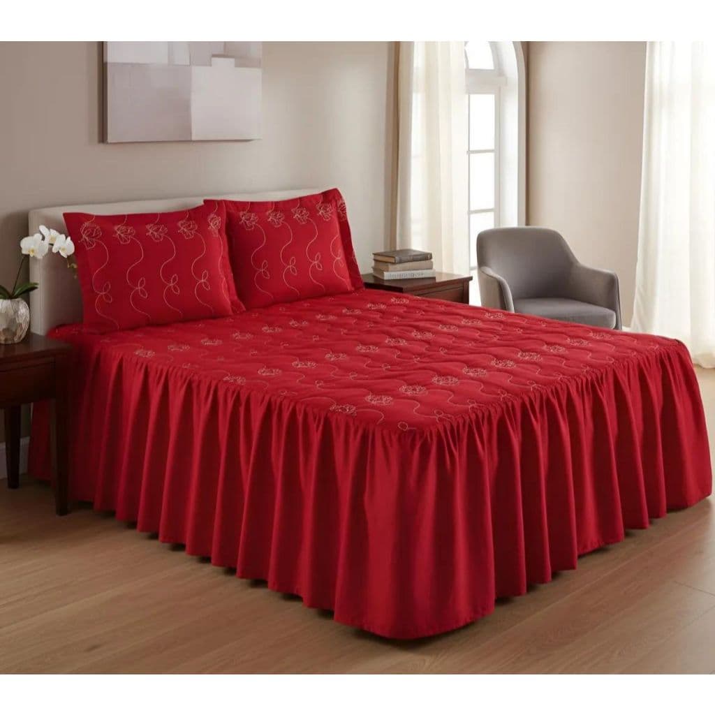 Colcha Bordada Vermelha Casal Padrão 3 Peças Luxo Macia Elegante Promoção Envio Rápido
