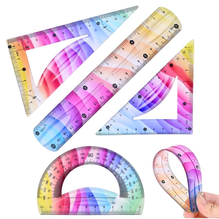 Kit 4 Peças De Réguas Geométricas Flexíveis Coloridas Anti-Quebra Esquadro Transferidor Régua 20cm