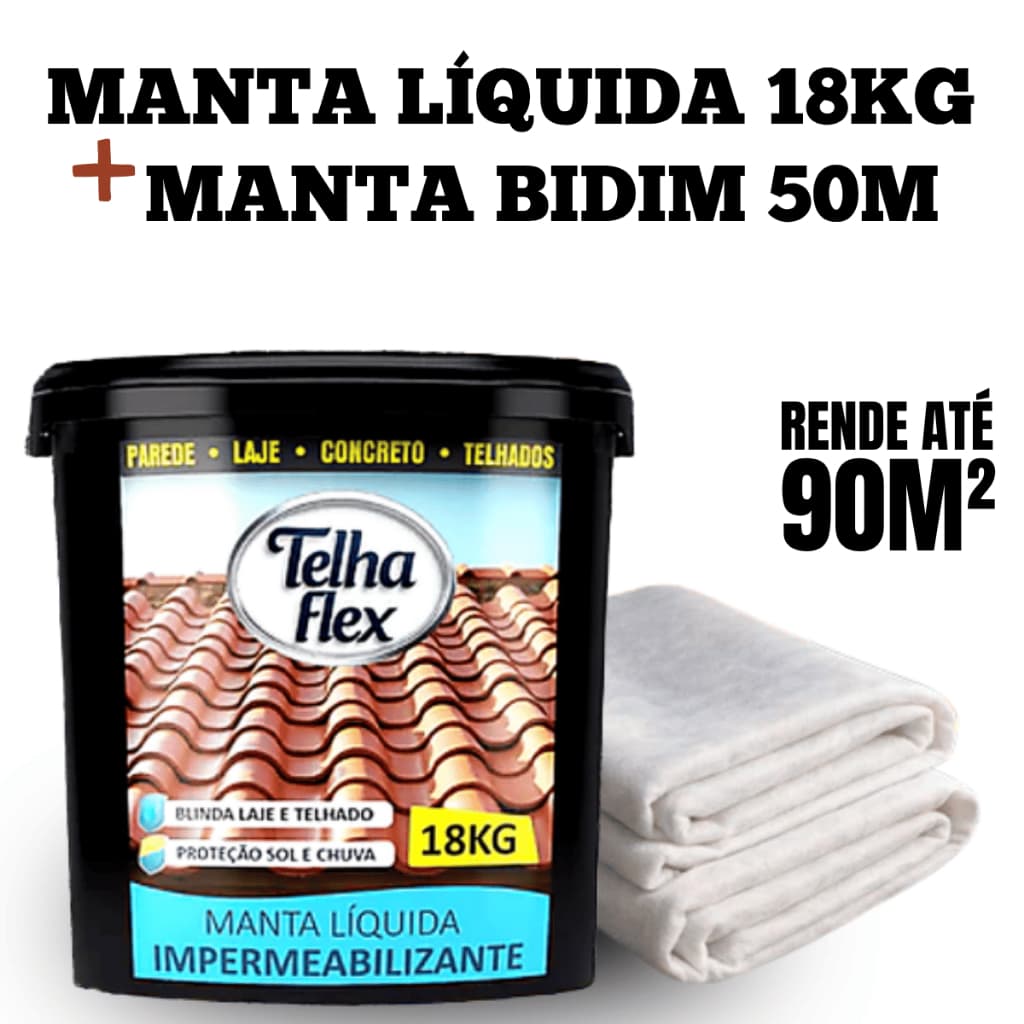 Manta Líquida Telhaflex 18kg + Manta Bidim 50m Impermeabilizante Alta Resistência Para Laje Telhado