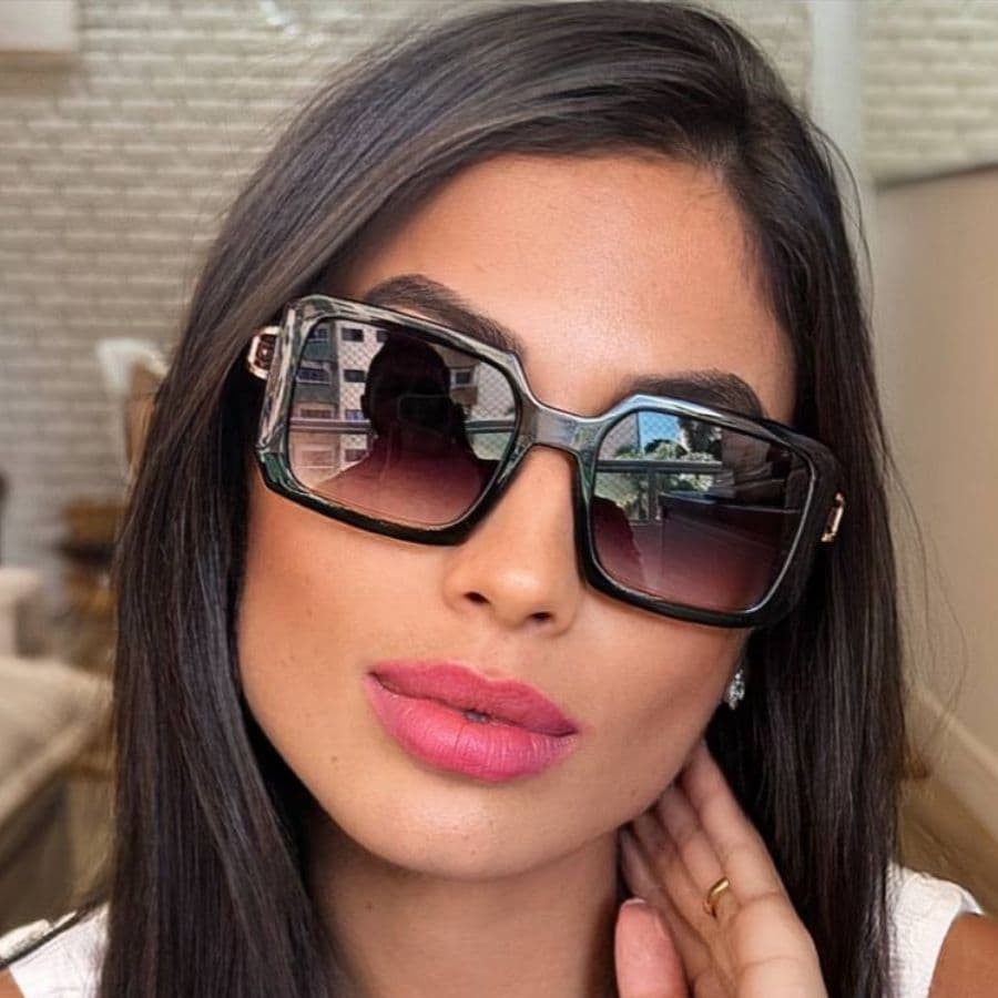 Oculos Slim Retangular Haste Strass Feminino Preto Clássico Neutro Social Luxo