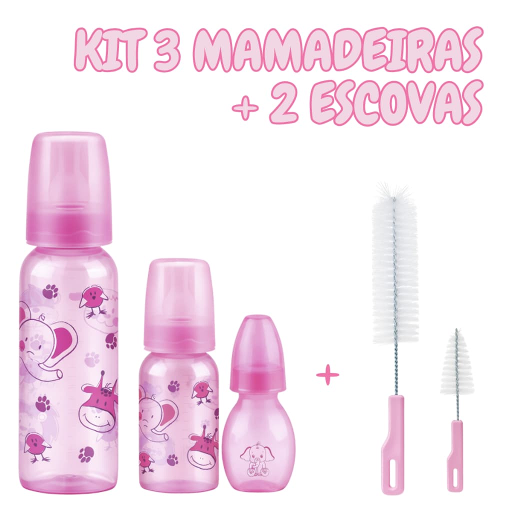 3 Mamadeiras + 2  Escovas para Lavagem - Completo para o Dia a Dia