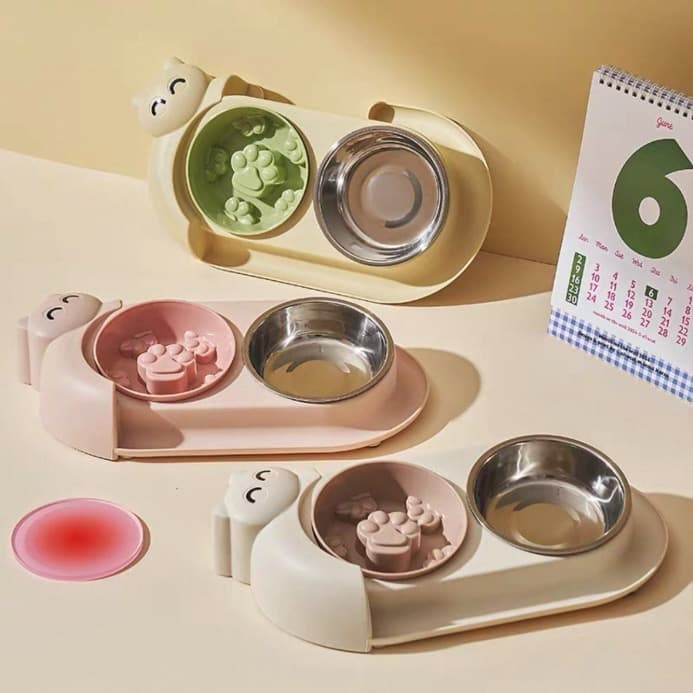 Comedouro e Bebedouro Duplo de Inox com Alimentação Controlada Cats Para Cães Gatos e Pets CW394