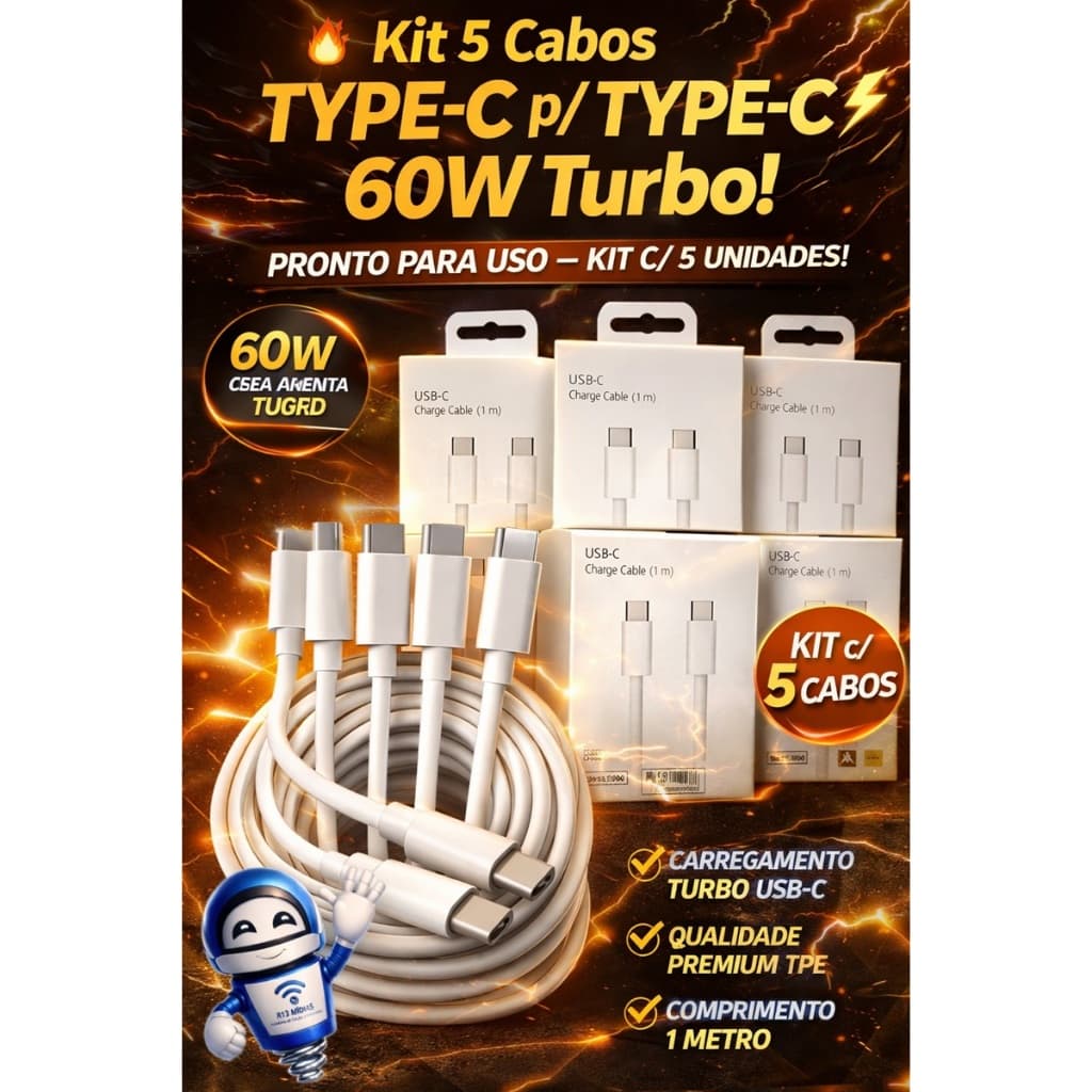 Kit C/ 5  Cabos USB-C De 60 W Para iPhone 16 15 Plus Pro Max PD Carregador Rápido Tipo Macbook iPad