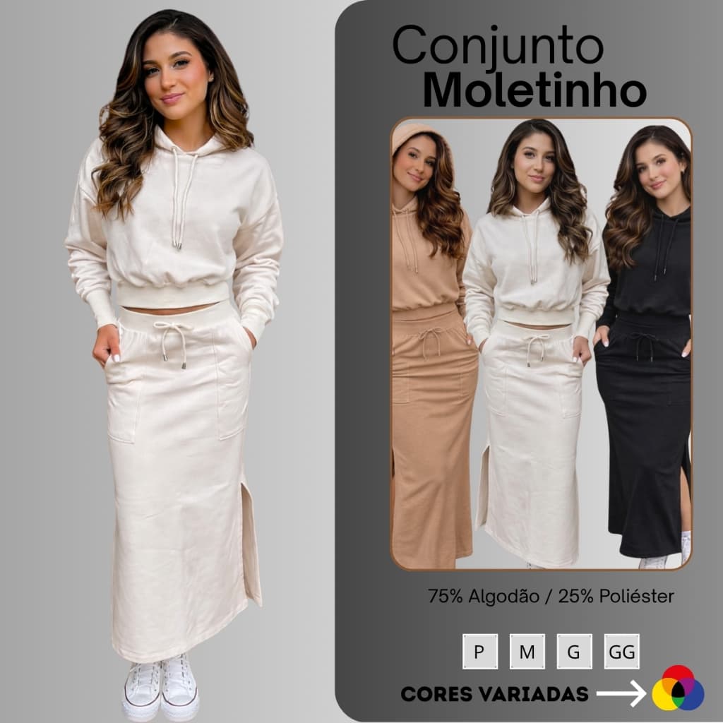 Conjunto Moletom Feminino 2 Peças Saia Midi e Blusa Manga Longa com Capuz OffWhite Preto Bege