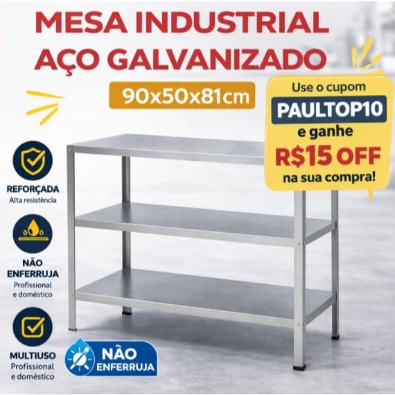 Mesa Industrial Aço Galvanizado 90x50x81 Reforçada Multiuso Profissional Não Enferruja - R15 Off