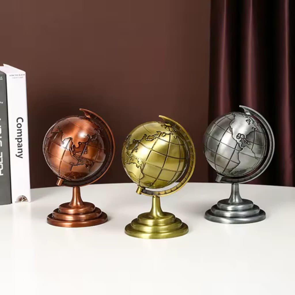 Globo Decorativo de Metal Dourado, Mapa Mundi Moderno, Globo Geográfico Metalizado para Mesa, Escritório e Sala