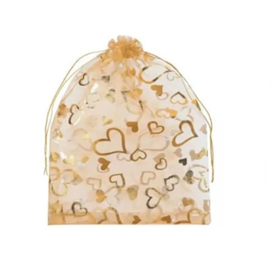 200 sacos de organza 20x35cm Dourado com desenhos de coração