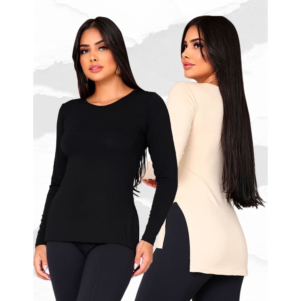Kit 2 Blusa Feminina Academia Inverno Manga Longa Fenda Lateral
