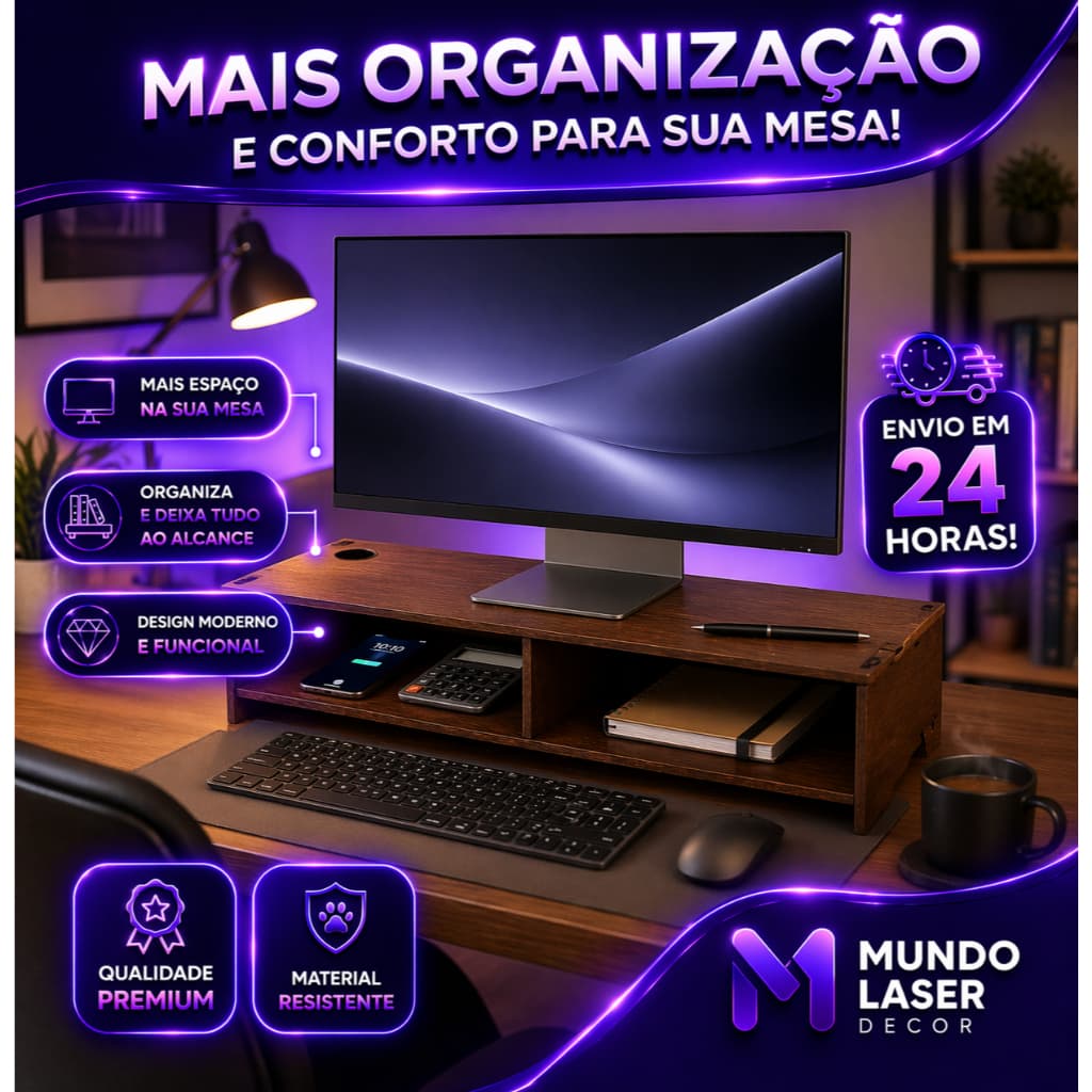 Suporte Monitor em MDF Ergonômico com Base de Mesa, Elevação Melhor Postura, Espaço Teclado e Organização