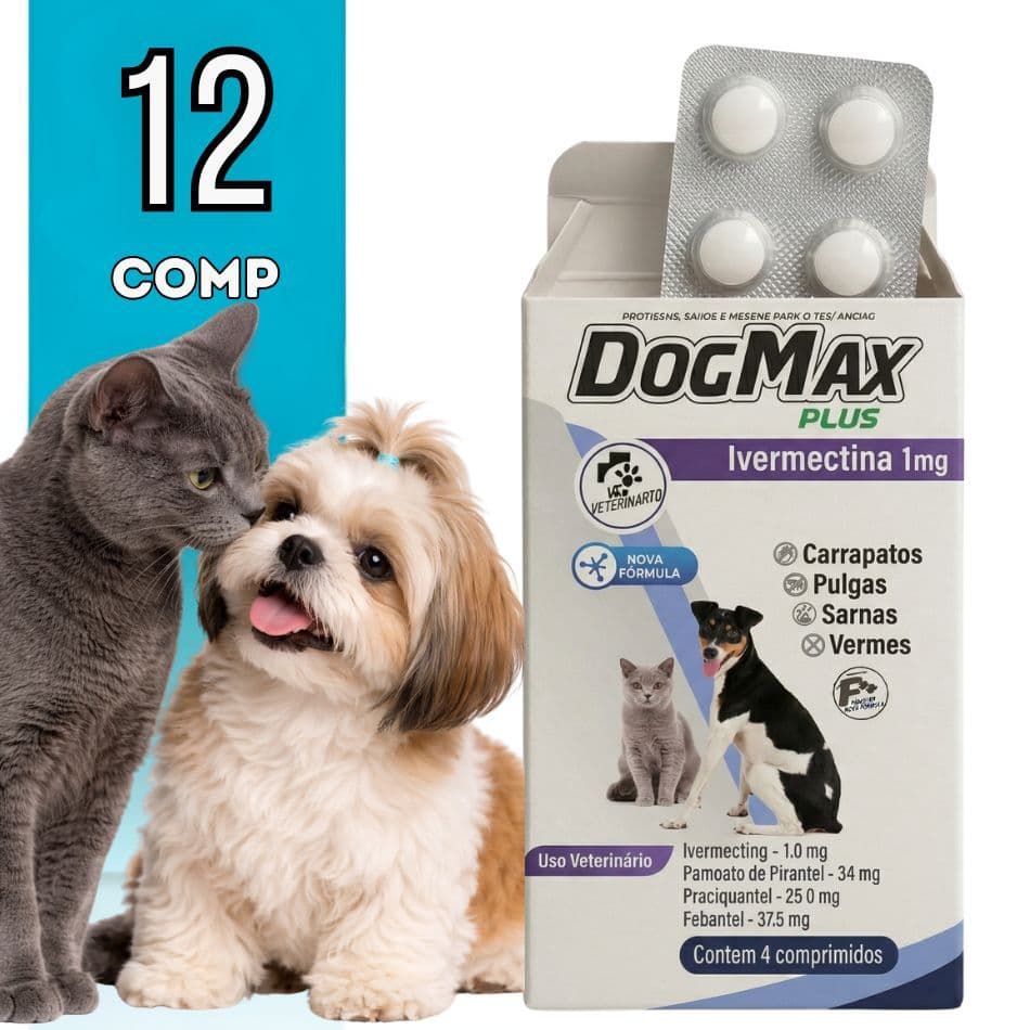 DogMax Plus Cães e Gatos - Ação 4 em 1 - Remédio Para Pulgas, Carrapatos, Vermes e Sarna 12 Comp 5kg