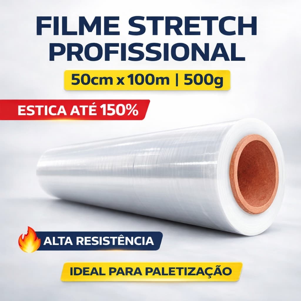 1 Bobina Filme Stretch 50cm x 100m (½ kg) Virgem Transparente – Estiramento até 150%
