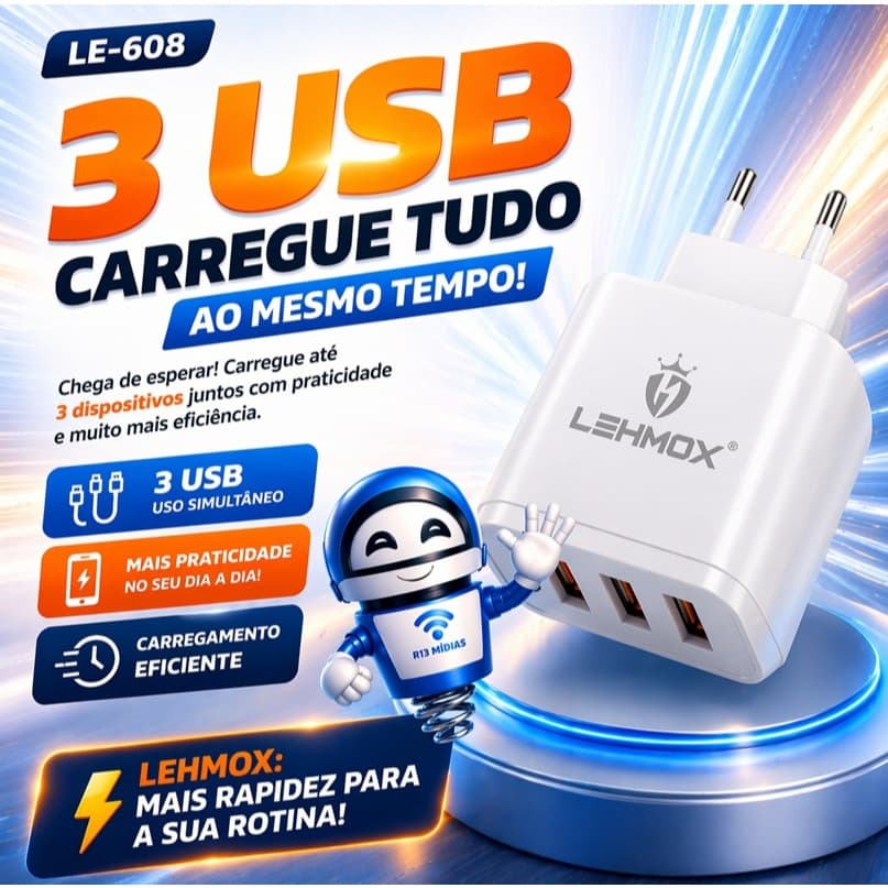 🚀 Carregador Rápido Lehmox 4.1A Type-C LE-608 Original + Cabo USB-C | Turbo 3 USB | ANATEL HOMOLOGADO