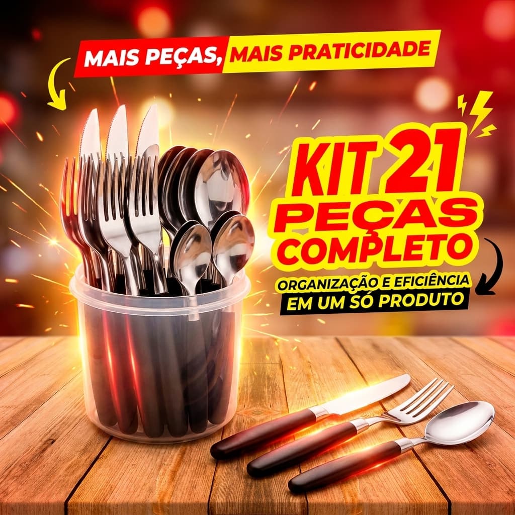 Jogo de Talheres Inox 21 Peças com Pote Organizador Portátil Cozinha
