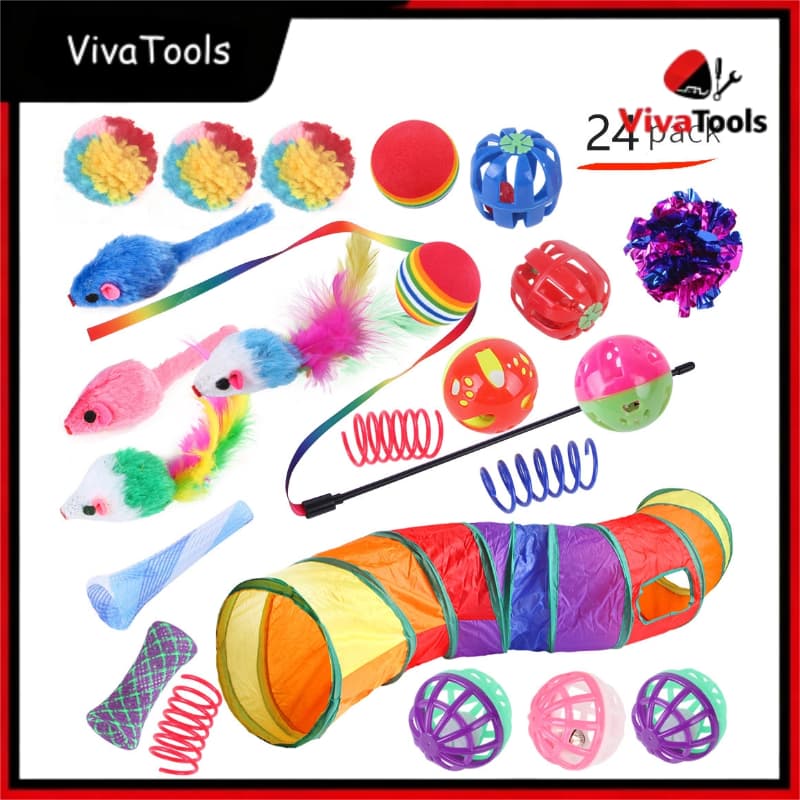Kit 24 Peças de Brinquedos para Gatos com Túnel e Varinha | Brinquedos Interativos e Macios para Seu Gato