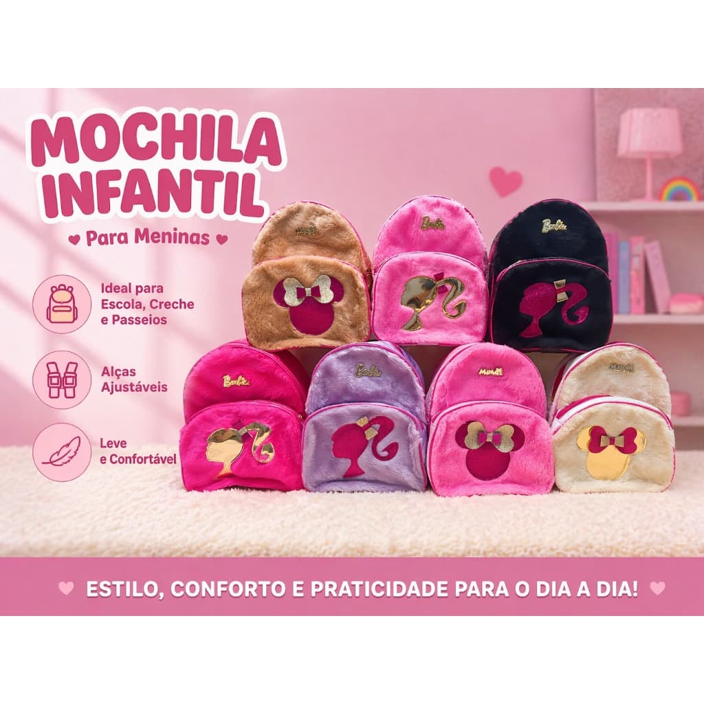 Mochila infantil   Minnie ,Barbie menina ideal para escola creche passeio com alças ajustáveis