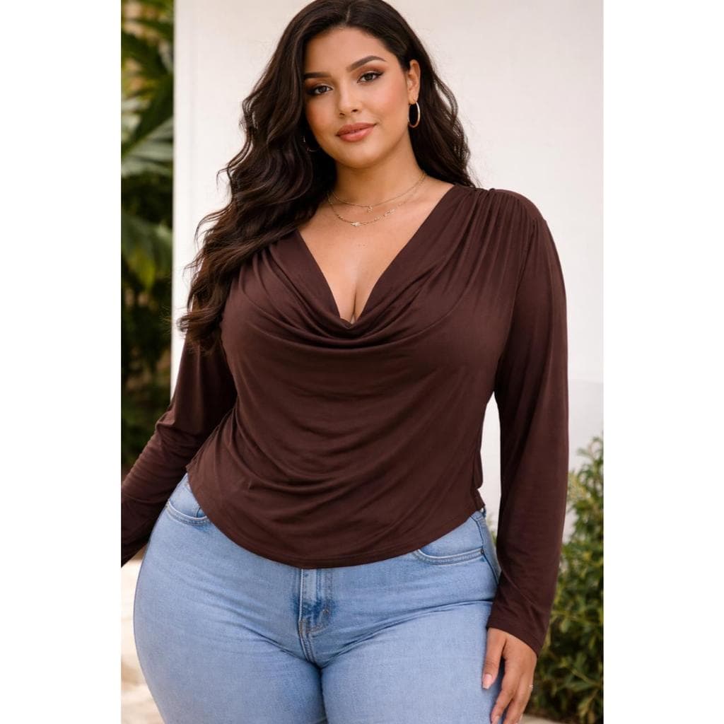 Blusa Plus Size Manga Longa Feminina  Gola Boba  Drapeada  Elegante