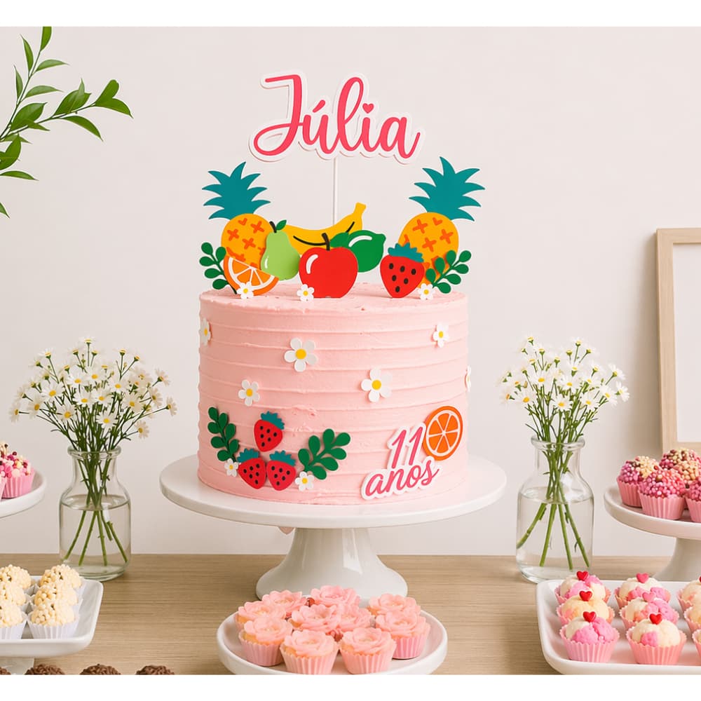 Topo de Bolo Frutas Personalizado com Nome 3D | Bento Cake | Frutinhas | Mesversário - Bolo Tropical