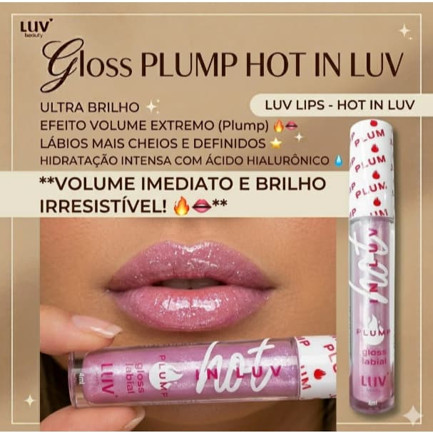 Gloss Labial Rosa Claro Luv Lips com Ácido Hialurônico Efeito Volume Instantâneo Vegano Brilho Espelhado Não Gruda
