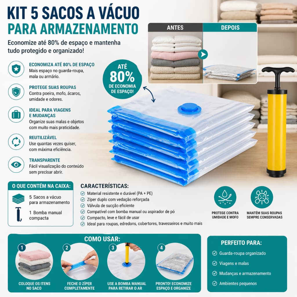 Kit 5 Sacos a Vácuo para Armazenamento com Bomba Manual | Economize Espaço e Organize Tudo