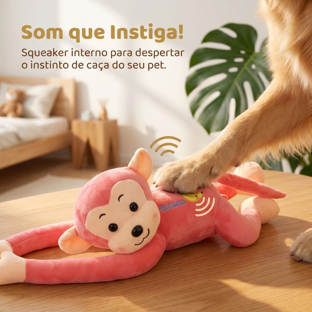 Brinquedo Macaco Pelúcia c/ Apito p/ Cães | Aperta Faz Som | Braços Longos | Costura Dupla