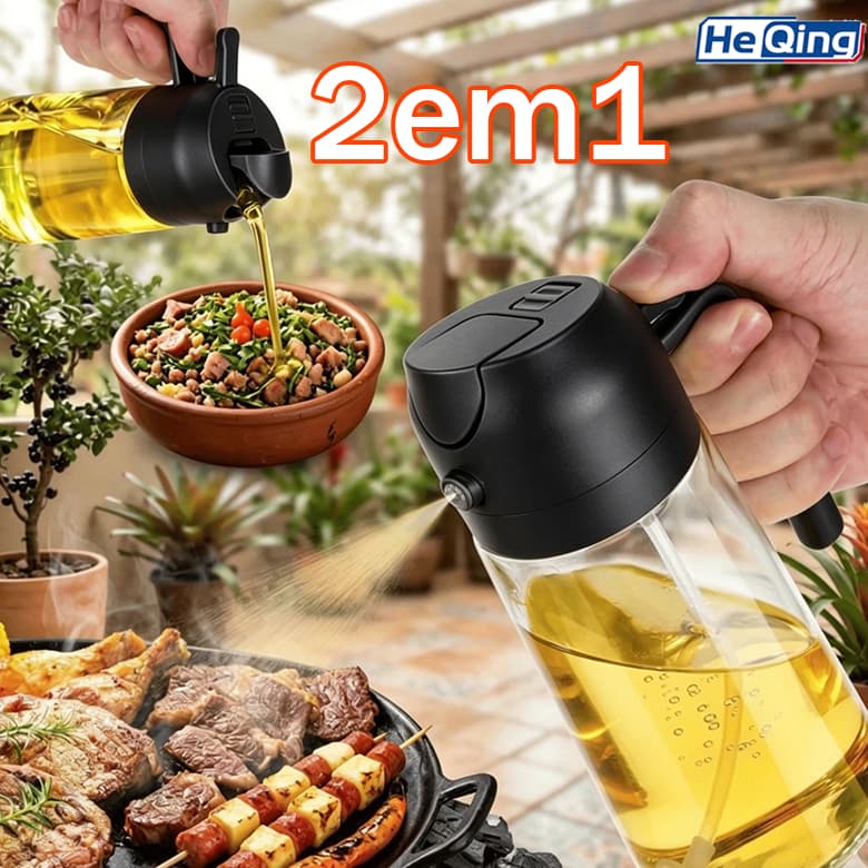 Dispenser de Óleo e Azeite 2 em 1 Spray e Fluxo Vidro 450ml Preto Ideal para Air Fryer e Cozinha