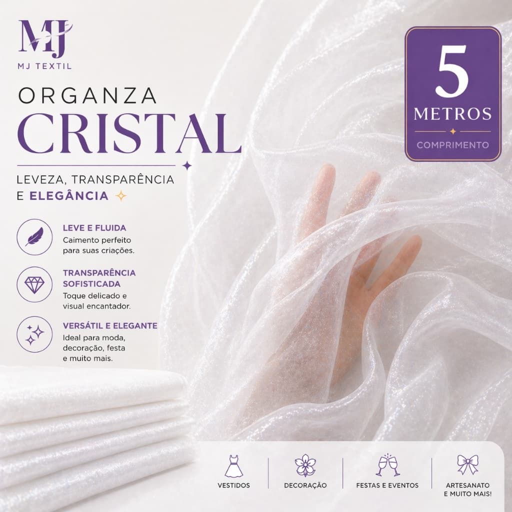 Organza Cristal 5 Metros ✨ Mais Economia para Vestidos, Decoração e Festa