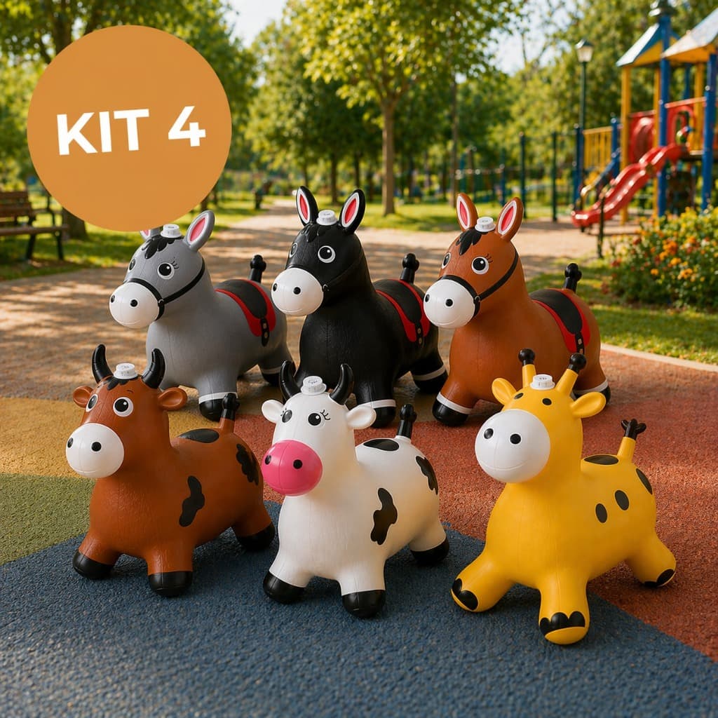 Kit 4 Cavalinhos Upa Upa Infantil Pocotó com Som / Pula Pula Inflável  Emborrachado Vaquinha Girafa e Burrinho