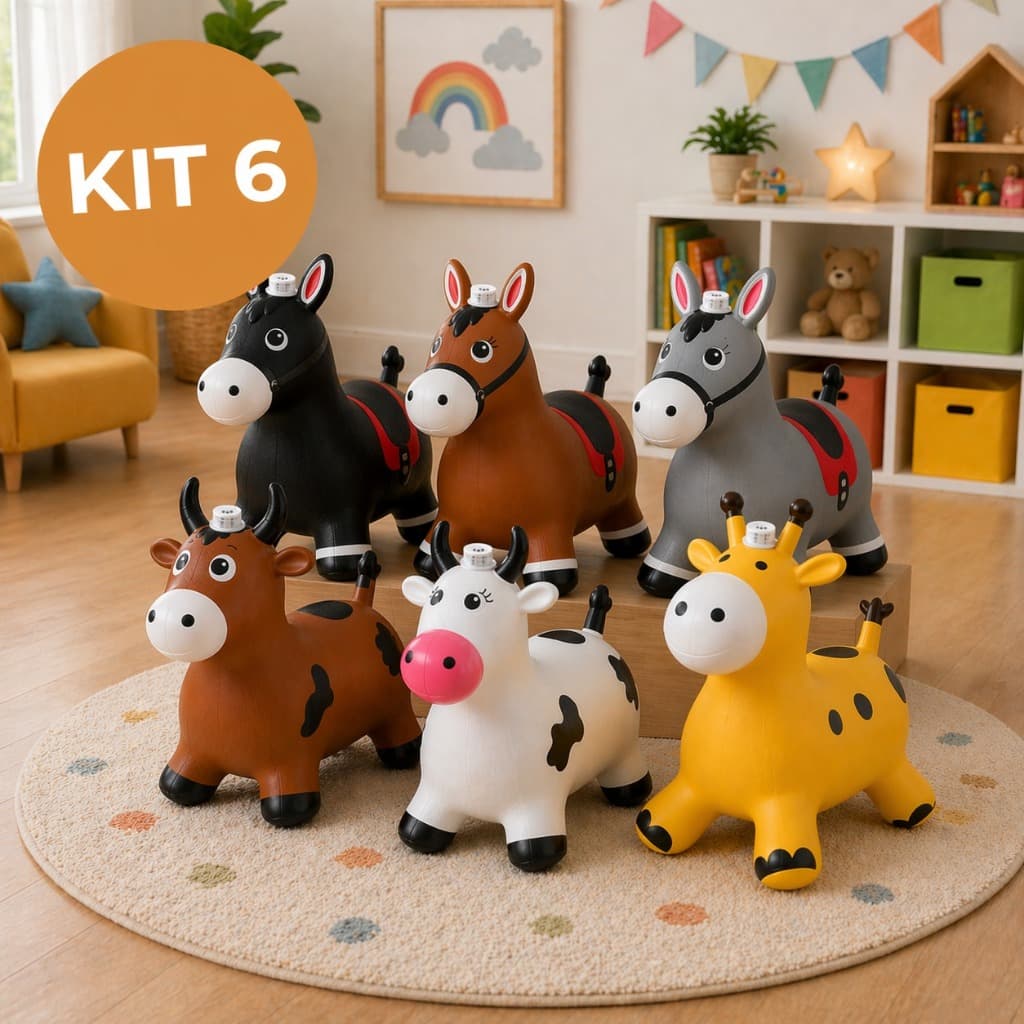 Kit 6 Cavalinhos Upa Upa Infantil Pocotó com Som e Luz / Pula Pula Inflável  Emborrachado Vaquinha Girafa e Burrinho