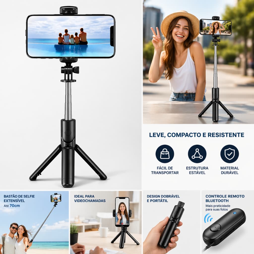 Bastão Selfie Tripé Bluetooth Controle Remoto Celular Ajustável Foto Vídeo Portátil