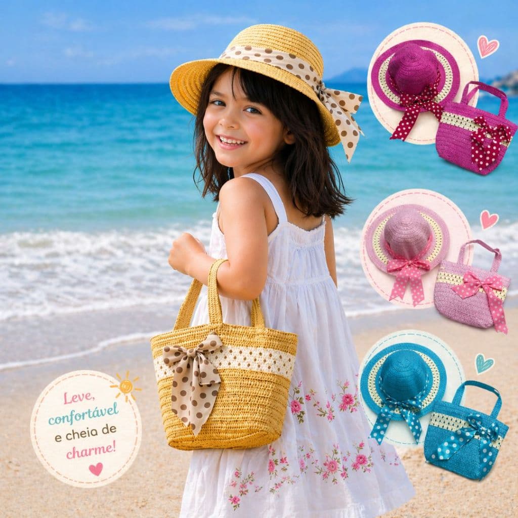 Chapéu de Praia Infantil + Bolsinha Kit Praia de Criança Menina
