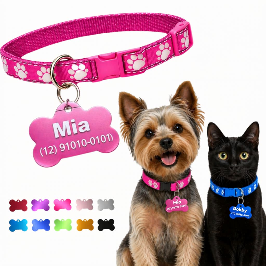 Kit Plaquinha Com Coleira Identificação Pet Gravado Laser Cachorro Gato Nome e Telefone
