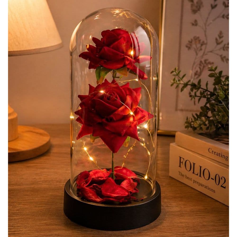 Luminária Cúpula Rosa Encantada Flor Eterna Decorativa Bela Fera Vermelha Pequeno Príncipe Noturna