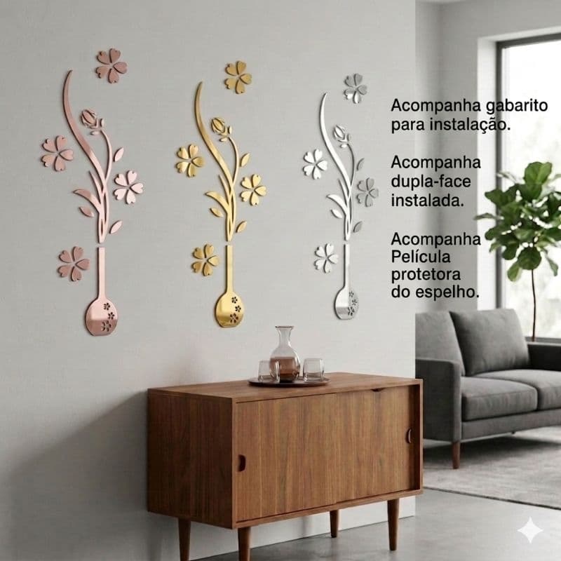 Espelho Decorativo Vaso de Flor Acrilico Cores Rosê ,Dourado, Prata, Preto Brilho 60 cm