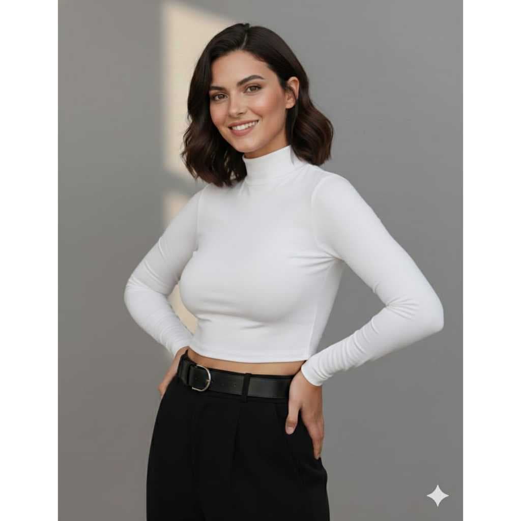 Cropped gola alta manga longa feminino basico