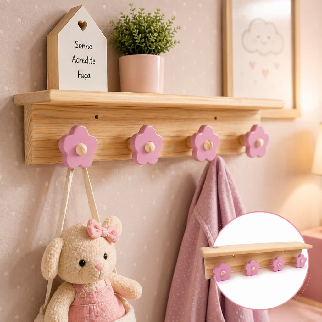 Cabideiro e Pendurador Madeira Infantil com Prateleira 4 ganchos   Flor Decoração Menina Brinquedos