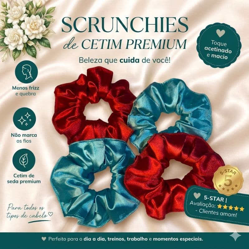 Kit Xuxinha Scrunchie Cetim Premium – Não Marca o Cabelo + Anti-Frizz | Cores Lindas .