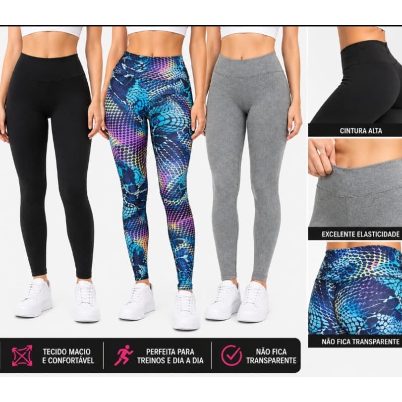Kit 3 Leggings Femininas Cintura Alta Poliamida Não Transparente Academia Fitness Confortável