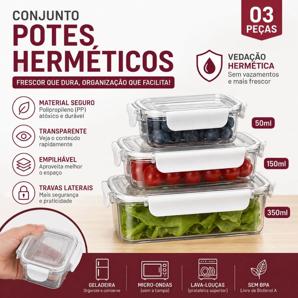Conjunto Potes Herméticos 3 Peças – Vedação Forte Transparente Empilhável Organizador Cozinha
