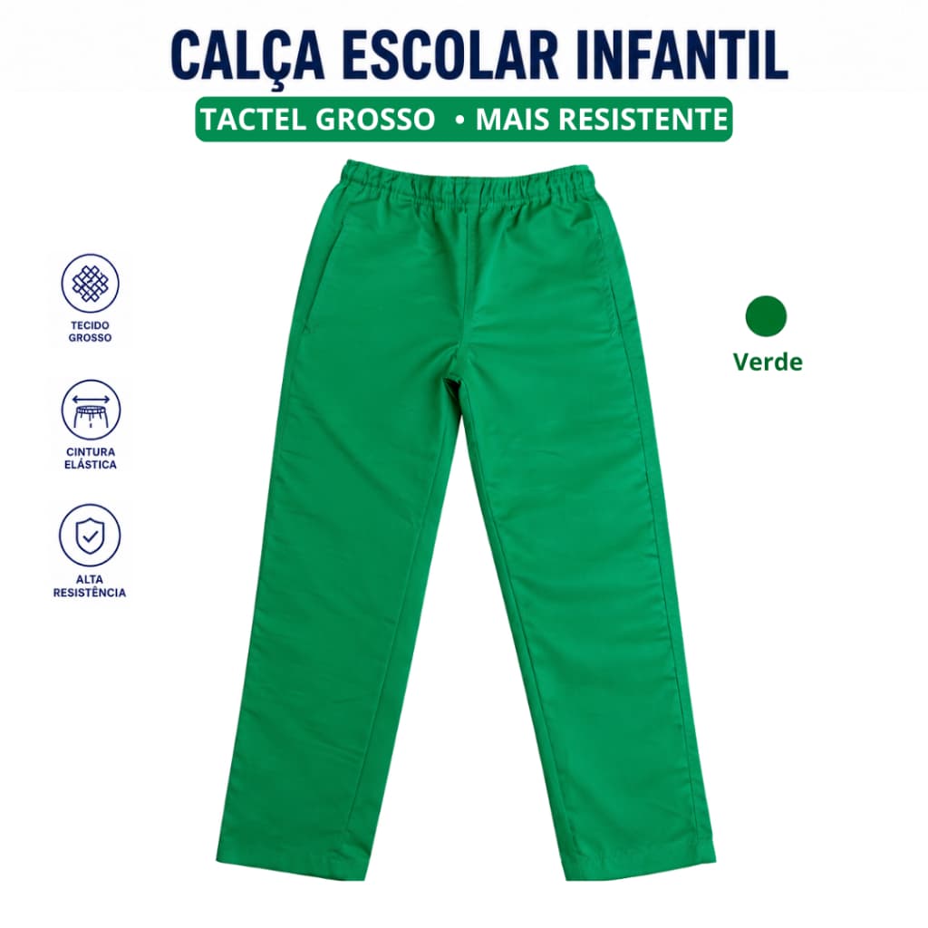 Calça Escolar Infantil Masculina Verde Tactel Grosso Uniforme Menino Juvenil 2 a 16 Anos