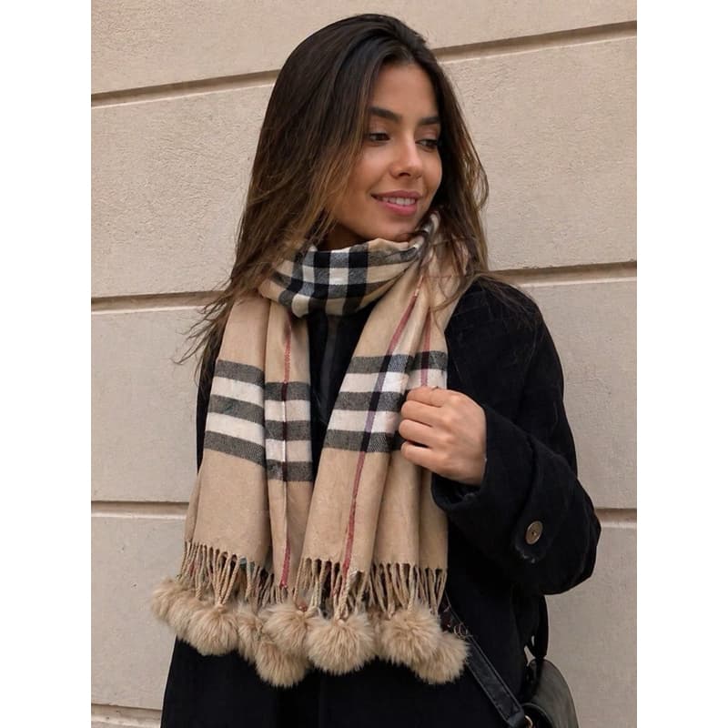 Cachecol Xadrez Lenço Com POMPOM Quentinho para o Frio Outono e Inverno Feminino e Unissex