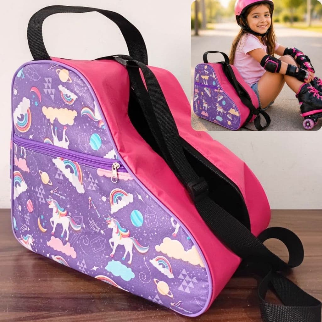 Bolsa Mochila reforçada resistente Para transportar e guardar Patins Quad Inline Infantil Unicórnio Lilás