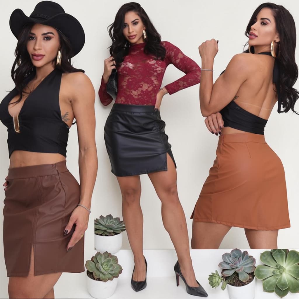 Saia Curta Couro Ecológico Feminina com Fenda Frontal Zíper Invisível Look Festa Elegante