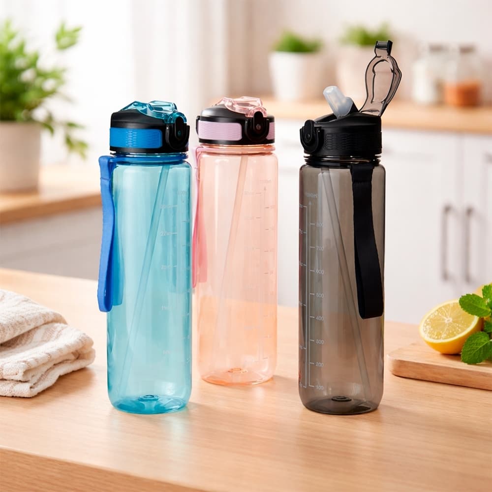 Garrafa Squeeze Plástico 1 Litro Com Bico Flip Canudo Alça para Transporte e Marcação de ML BPA FREE
